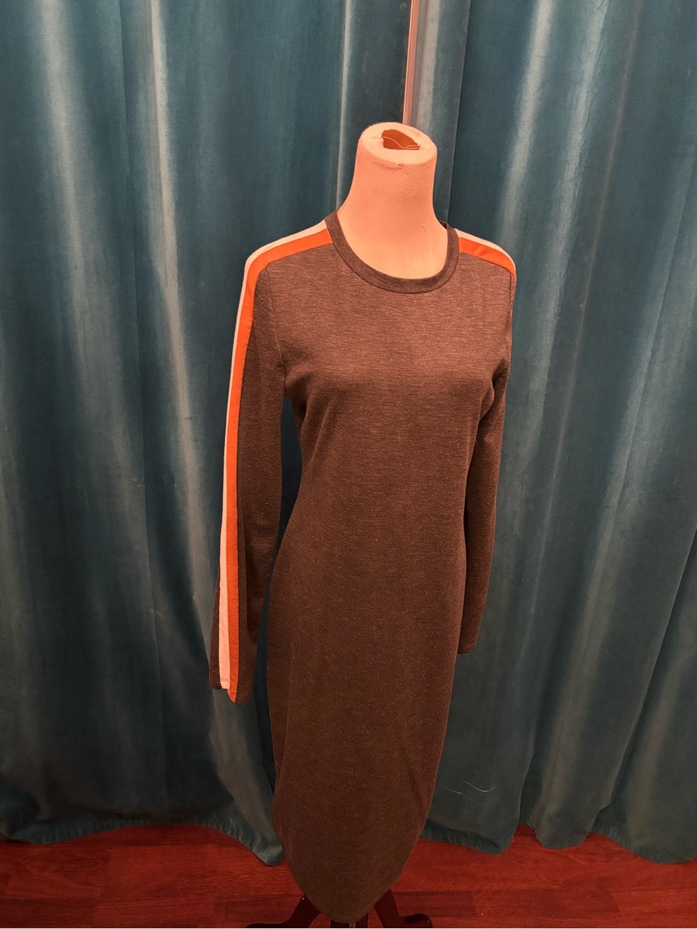 Zara Charcoal Long-Sleeve Knit Dress with Orange & Cream Stripes